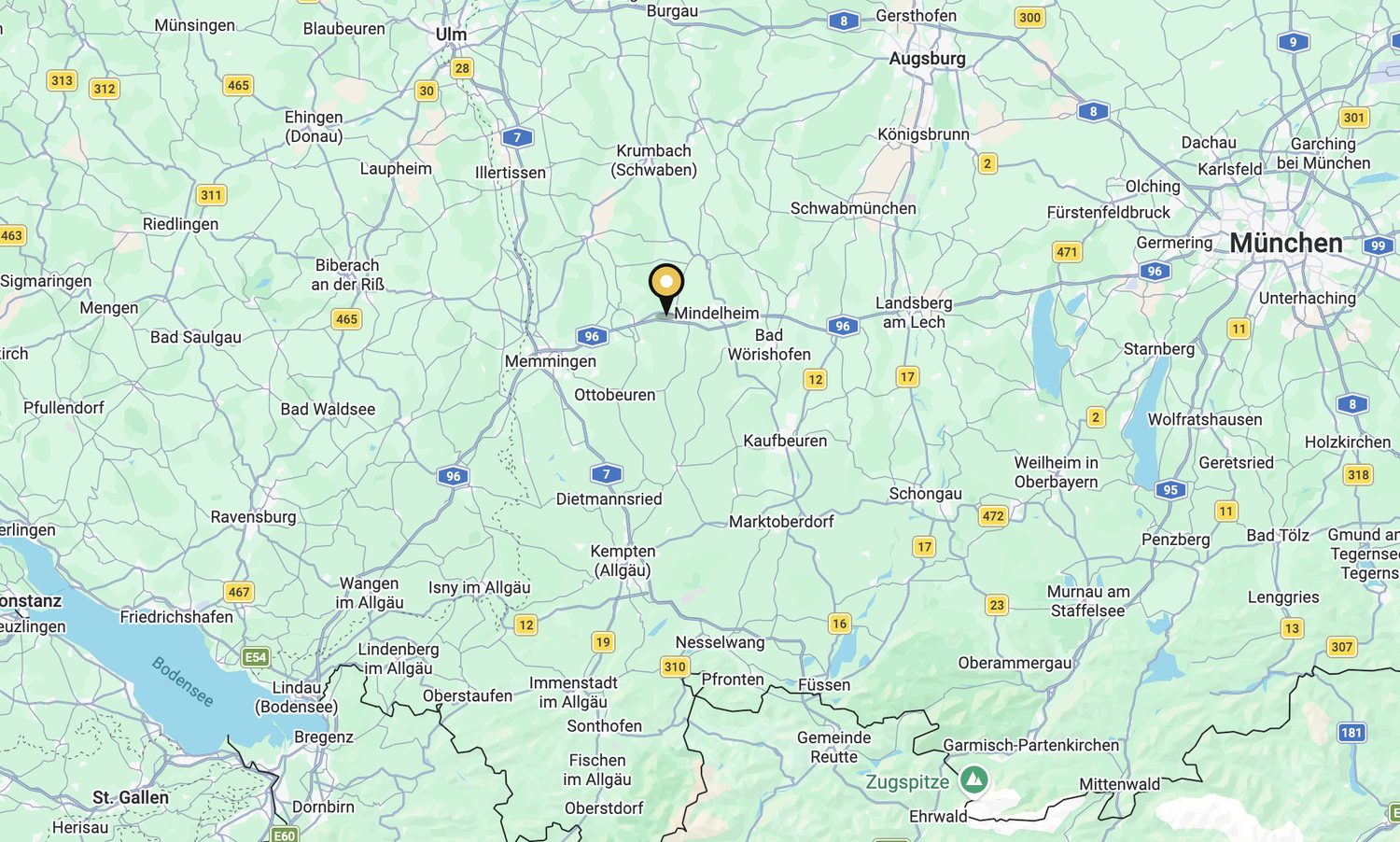 Karte: Mindelheim im Unterallgäu, zwischen Lindau am Bodensee und München